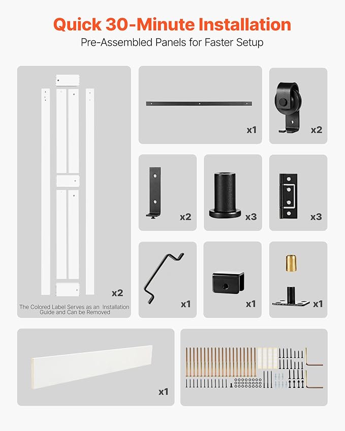 VEVOR Bifold Barn Door, 24" x 84", MDF Bi-Fold Sliding Closet Doors, Header Board and Hardware Kit Included, H-Frame Space-Saving Design, Panels Need to Assemble, Waterproof & Quiet, White