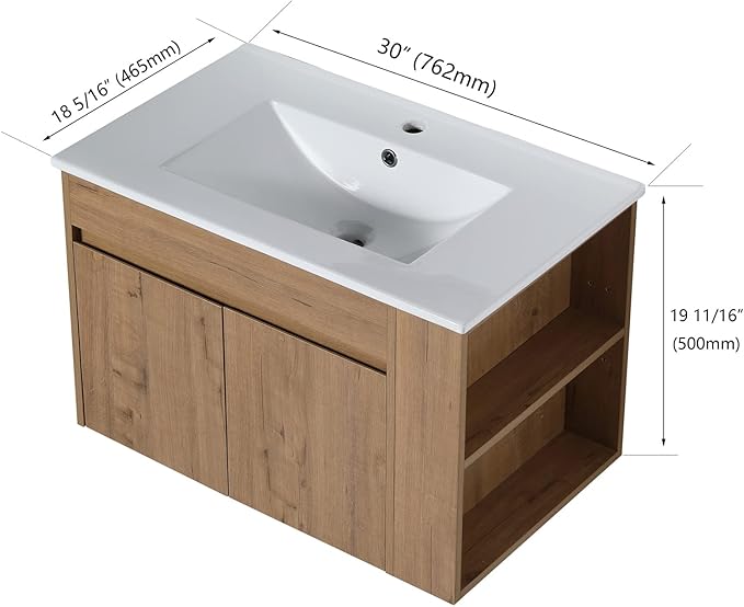 Henf 30 Inch Wall Mount Bathroom Vanity W/Sink Combo, Modern Design Vanity Cabinet with White Ceramic Basin, Floating Mounting Bathroom Cabinet Set with Double Doors and Adjustable Storage Shelf