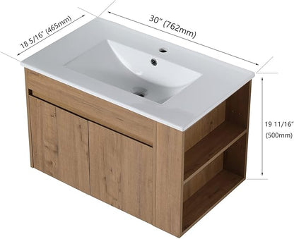 Henf 30 Inch Wall Mount Bathroom Vanity W/Sink Combo, Modern Design Vanity Cabinet with White Ceramic Basin, Floating Mounting Bathroom Cabinet Set with Double Doors and Adjustable Storage Shelf