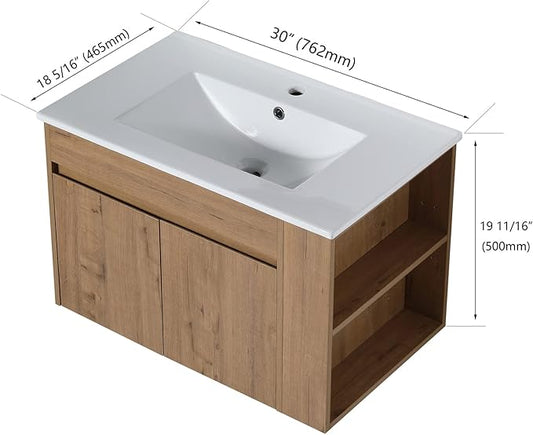 Henf 30 Inch Wall Mount Bathroom Vanity W/Sink Combo, Modern Design Vanity Cabinet with White Ceramic Basin, Floating Mounting Bathroom Cabinet Set with Double Doors and Adjustable Storage Shelf