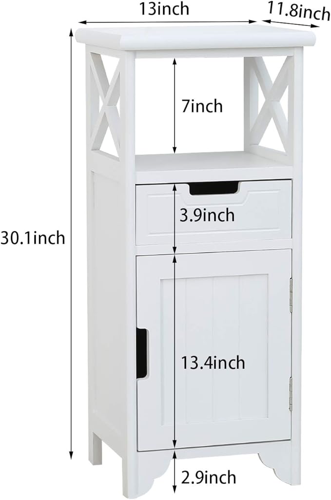 End Table with Drawer and Doors(Fully Assembled), 30" Height Floor Standing Storage Cabinet with Shelf for Bathroom, Solid Wood Side Table/Nightstand/Side Cabinet for Bedroom -White
