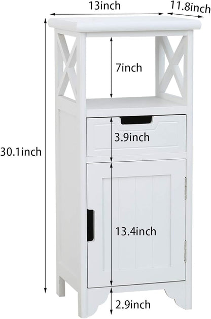 End Table with Drawer and Doors(Fully Assembled), 30" Height Floor Standing Storage Cabinet with Shelf for Bathroom, Solid Wood Side Table/Nightstand/Side Cabinet for Bedroom -White