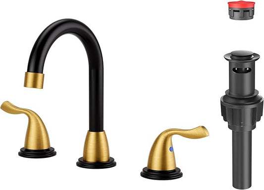 ARCORA Bathroom Sink Faucet 3 Hole - 8 Inch Widespread Bathroom Faucet 2 Handle Vanity Faucet with Pop Up Drain and cUPC Supply Lines, Black and Gold Bathroom Faucet