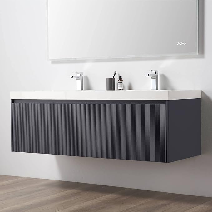 Blossom 60 Inch Double Sink Bathroom Vanity with Side Cabinets, All Wood Wall Mounted Floating Bathroom Vanity Cabinet with Acrylic Sinks, Soft-Close Drawers, Bathroom Vanities, Night Blue