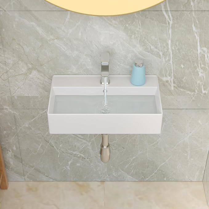 Lordear Wall Mount Bathroom Sink 21x12 Inch White Rectangle Vanity Sink with Overflow Faucet Hole Porcelain Ceramic Floating Bathroom Vessel Sinks, Wall Hung Wash Hand Basin