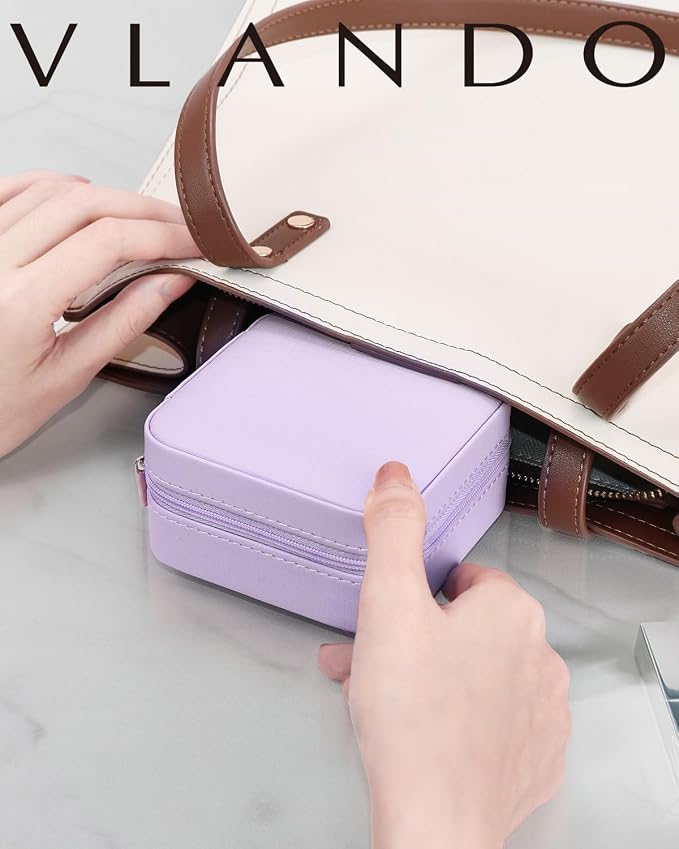 VLANDO Travel Jewelry Case with Mirror, Storage 3 Pairs of Stud Earrings | Necklace Hook for Anti-tangle, Removable Dividers, Waterproof PU Leather,Portable Storage for Rings, Necklace Gifts for Women