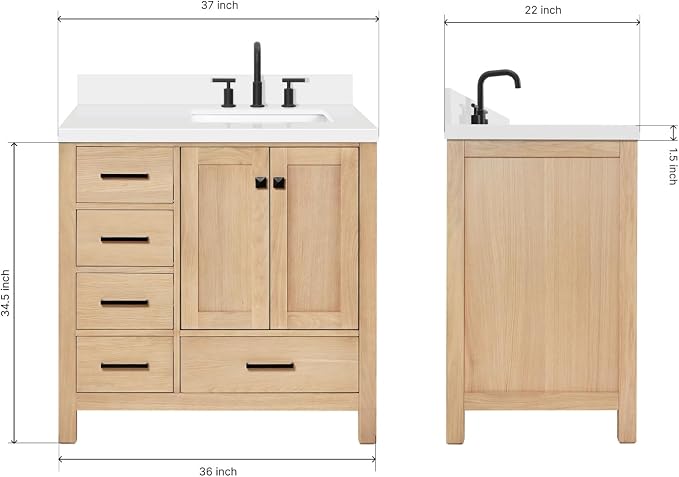 ARIEL Cambridge 36-inch Bathroom Vanity with Sink,Solid Wood, 1.5-inch Pure White Quartz Countertop, Single Rectangular Porcelain Sink, 2 Soft Closing Doors, 5 Dovetail Drawers, White Oak
