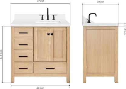 ARIEL Cambridge 36-inch Bathroom Vanity with Sink,Solid Wood, 1.5-inch Pure White Quartz Countertop, Single Rectangular Porcelain Sink, 2 Soft Closing Doors, 5 Dovetail Drawers, White Oak