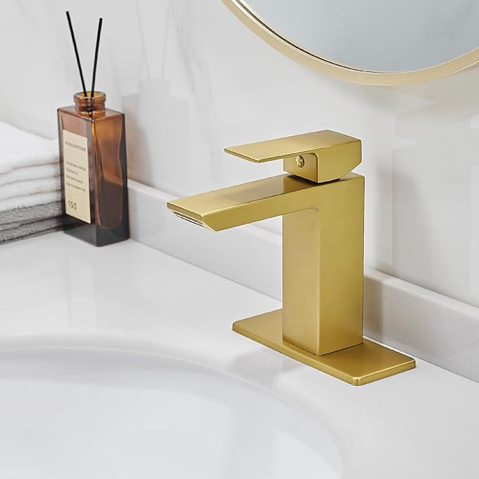 RUMOSE Brushed Gold Bathroom Faucets Set with Pop Up Drain Single Handle Bathroom Sink Faucet 1 & 3 Hole Waterfall Spout Vanity Faucet Kit with Deck Plate RV Lavatory Basin Faucet, Stainless Steel