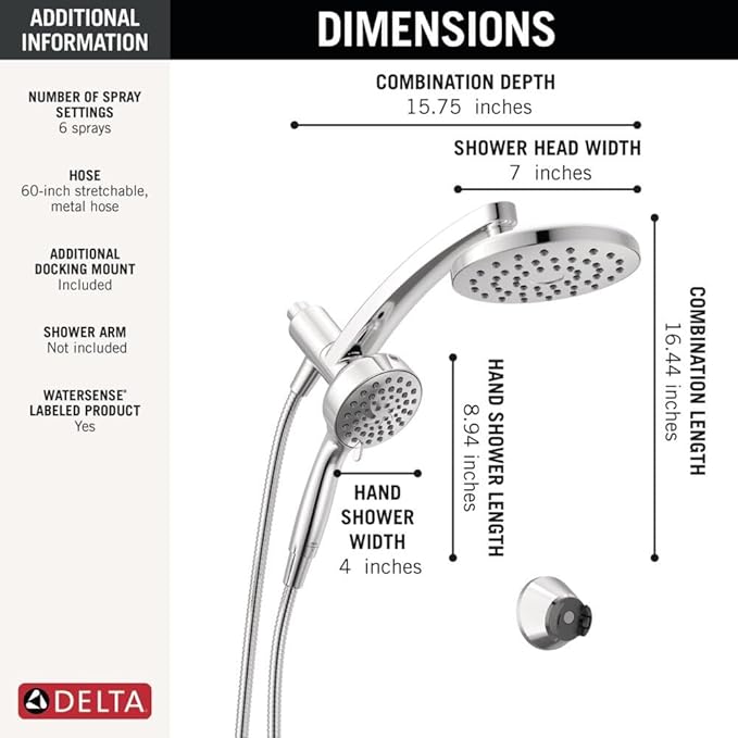 Delta 6-Setting PivotPro 3-in-1 Combination Shower Head with ProClean Spray, Chrome Round Shower Head Rainfall with Handheld Spray, 1.75 GPM, Chrome 75649
