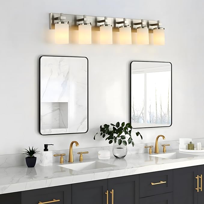 LOUSACE Bathroom Lighting Fixtures Over Mirror Brushed Nickel 6 Light Bathroom Vanity Lights with Opal White Glass Shades, Modern Vanity Wall Sconces Fixture for Bedroom Living Room