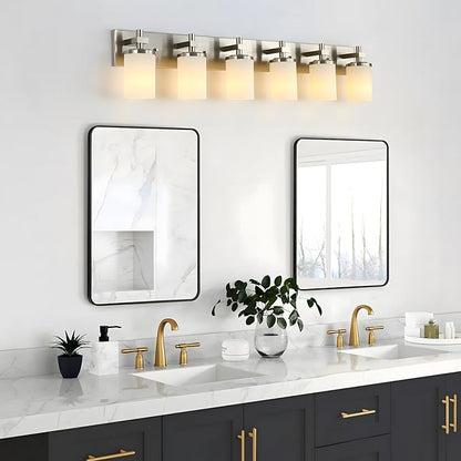 LOUSACE Bathroom Lighting Fixtures Over Mirror Brushed Nickel 6 Light Bathroom Vanity Lights with Opal White Glass Shades, Modern Vanity Wall Sconces Fixture for Bedroom Living Room