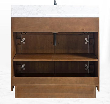 Vanity Art Modern Bathroom Cabinet with Carrara Marble Top, 36 inch Tan Wood Cabinet, Single Sink, Soft Closing Doors, Removable Shelf, VA7036E