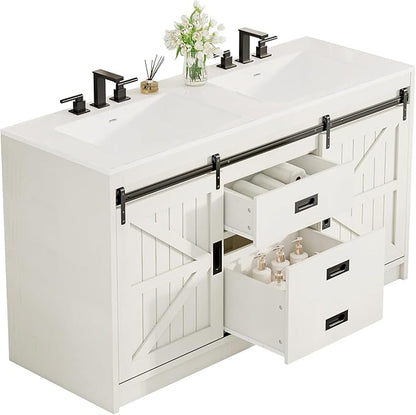 AMERLIFE 61" Farmhouse Double Bathroom Vanity with Sink Combo, Dual Basin Bathroom Storage Cabinet with Sliding Barn Doors & Drawers, Large Double Bath Vanity Sink Set, Rustic White