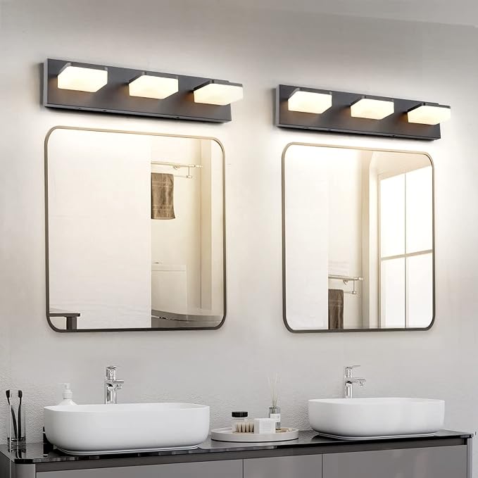 GOODATE 3 Colors Dimmable Black Bathroom Light Fixtures Over Mirror, LED Vanity Lights, Acrylic Stainless Steel 3 Light Bathroom Vanity Light Fixtures, Adjustable 3000K/4000K/6000K, 360° Rotate