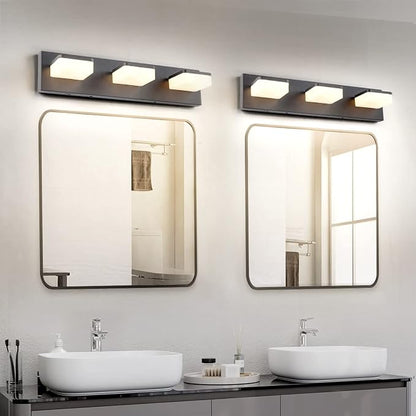 GOODATE 3 Colors Dimmable Black Bathroom Light Fixtures Over Mirror, LED Vanity Lights, Acrylic Stainless Steel 3 Light Bathroom Vanity Light Fixtures, Adjustable 3000K/4000K/6000K, 360° Rotate