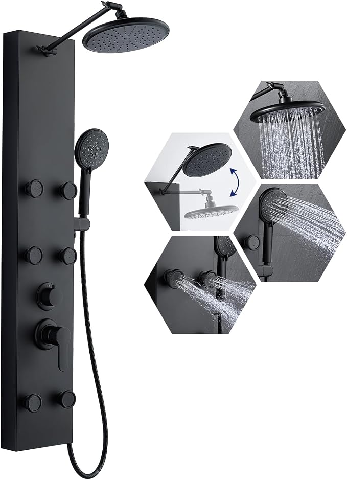 ROVATE Shower Panel Tower System with Adjustable 6 Body Jets, Matte Black | Stainless Steel Shower Column with Height Adjustable Shower Arm, Self-Cleaning Rainfall Shower & Handheld, Rough-in Valve