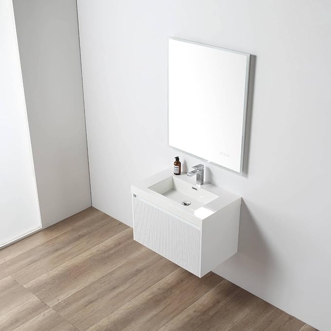 Blossom 30 Inch Bathroom Vanity with Sink | All Wood Wall Mounted Floating Vanity Cabinet with Acrylic Sink | Soft-Close Drawer | Modern Minimalist Style (30" w/Acrylic Basin, Matte White)