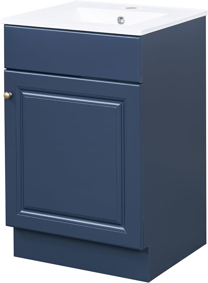 Christopher Knight Home Vanes Wood Frame 20" Bathroom Vanity with Ceramic Sink, Cabinet with Soft-Closing Door Shelf and Adjustable Shelf, Open Back, Metal Hardware, Storage/Organizer, Blue