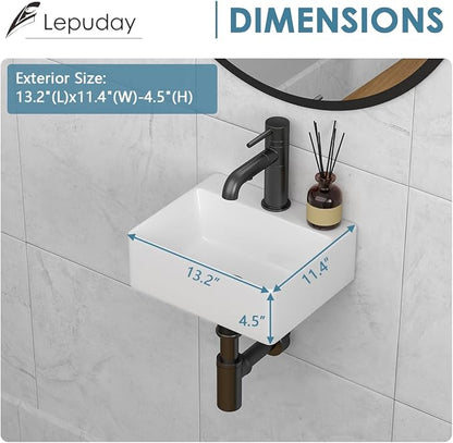 Wall Mounted Bathroom Sink 13x11 inch Porcelain Small Vessel Sink | Rectangular Bathroom Wall Hung Wash Basin Vessel Sink Modern White Ceramic Lavatory Sink for Bathroom Vanity