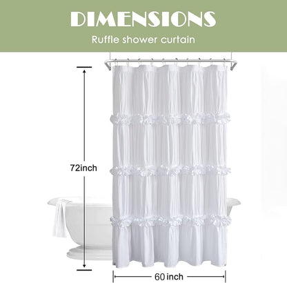 Homechoice Decor Ruffle Shower Curtain 60" x 72" White, Stall Size | Ruched Microfiber Vintage Handcrafted Bow Tie, Victorian Bath Curtain with 10 Buttonholes, Machine Washable (LQ-10)