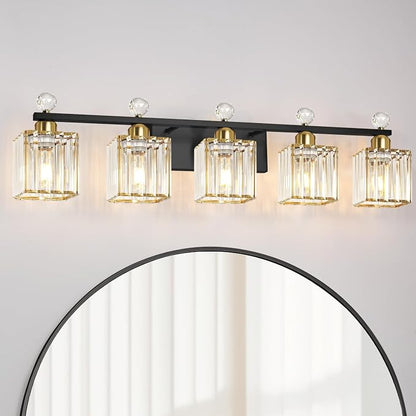 Lxybcce Bathroom Vanity Lights Over Mirror - Easy Installation with Clear Guide, 5-Light Shadow-Free Design, Black and Gold Crystal Finish - for Modern Home Bathroom Lighting Fixtures in DIY Projects