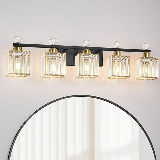 Lxybcce Bathroom Vanity Lights Over Mirror - Easy Installation with Clear Guide, 5-Light Shadow-Free Design, Black and Gold Crystal Finish - for Modern Home Bathroom Lighting Fixtures in DIY Projects