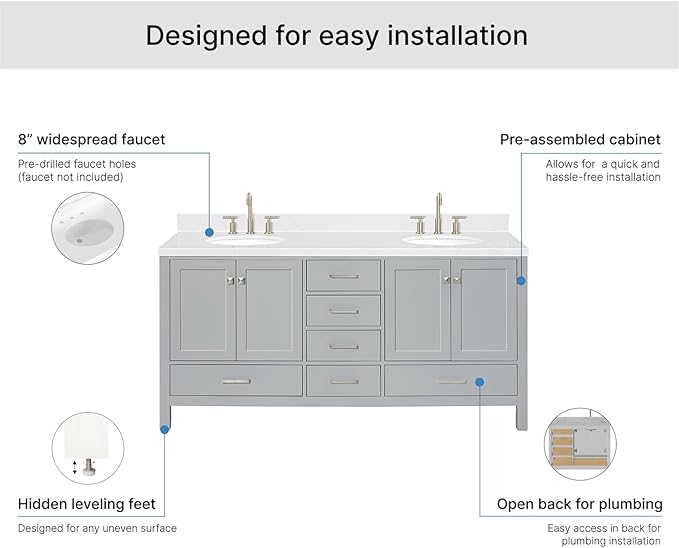 ARIEL Cambridge 72-inch Bathroom Vanity with Sink,Solid Wood, 1.5-inch Carrara White Quartz Countertop & Backsplash, Double Oval Porcelain Sink, 4 Soft Closing Doors, 6 Dovetail Drawers, Grey