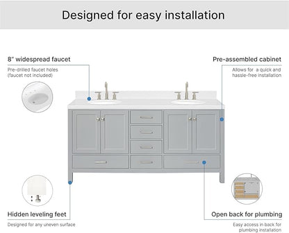 ARIEL Cambridge 72-inch Bathroom Vanity with Sink,Solid Wood, 1.5-inch Carrara White Quartz Countertop & Backsplash, Double Oval Porcelain Sink, 4 Soft Closing Doors, 6 Dovetail Drawers, Grey