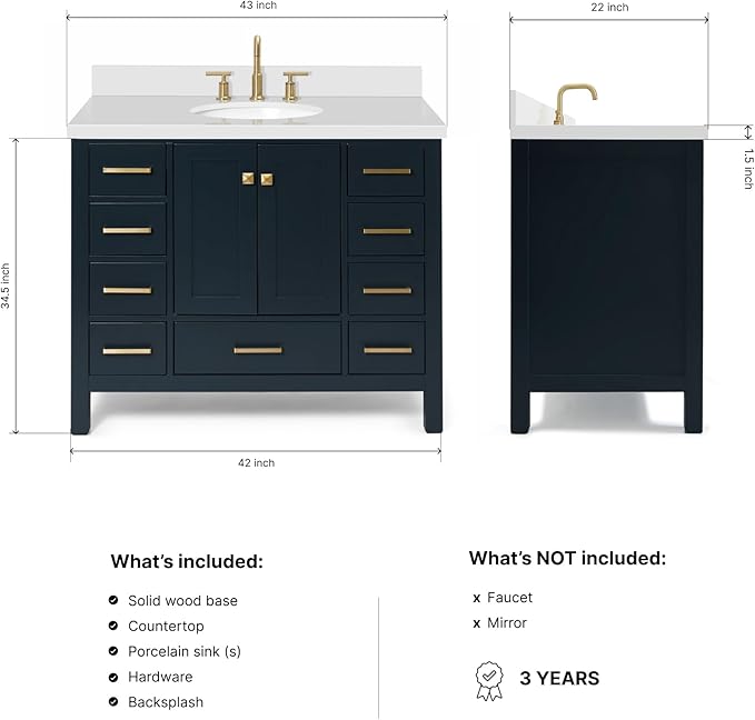 ARIEL Cambridge 42-inch Bathroom Vanity with Sink,Solid Wood, 1.5-inch Pure White Quartz Countertop & Backsplash, Single Oval Porcelain Sink, 2 Soft Closing Doors, 9 Dovetail Drawers, Midnight Blue