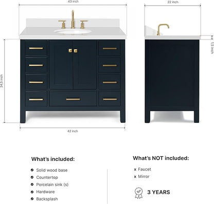 ARIEL Cambridge 42-inch Bathroom Vanity with Sink,Solid Wood, 1.5-inch Pure White Quartz Countertop & Backsplash, Single Oval Porcelain Sink, 2 Soft Closing Doors, 9 Dovetail Drawers, Midnight Blue