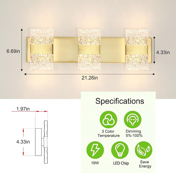 Bathroom Vanity Light Fixture, Modern Brushed Gold LED Vanity Light, Dimmable 19W LED Wall Sconce Lighting for Bathroom, Bedroom, Perfect for Makeup & Shaving