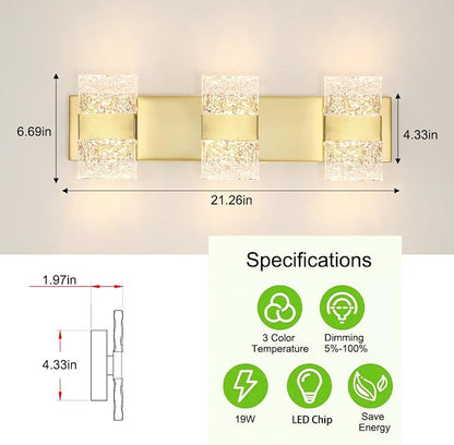 Bathroom Vanity Light Fixture, Modern Brushed Gold LED Vanity Light, Dimmable 19W LED Wall Sconce Lighting for Bathroom, Bedroom, Perfect for Makeup & Shaving