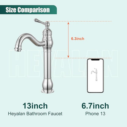 Heyalan Tall Vessel Sink Faucet, Single Handle 1-Hole,Polish Chrome | SUS304 stainless steel, 360° swivel spout, includes pop-up drain & hoses, deck mount 1-hole, tall design for vessel sink