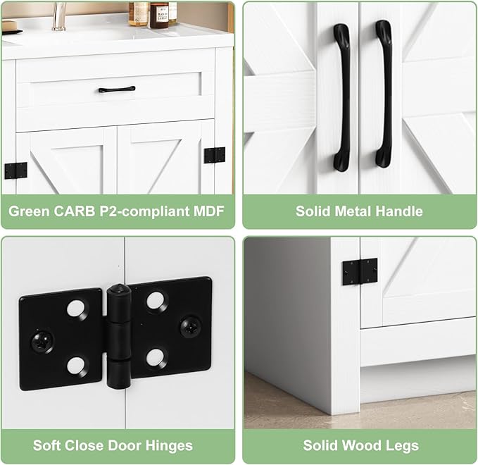 24" White Farmhouse Bathroom Vanity with Ceramic Sink, 2 Barn Door & Faux Drawer, Freestanding, Actual 23.6" L x 18.5" W x 35.4" H