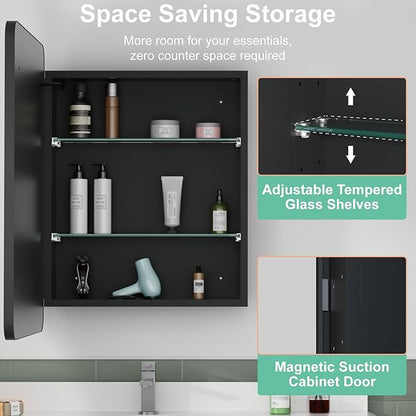 16x24 Inch Medicine Cabinet with Mirror, Recessed or Surface Mount Bathroom Medicine Cabinet with LED Lights, Anti-Fog, Memory Function, Adjustable Shelf, Dimmable Light, ETL Listed, Black,Left Hinge