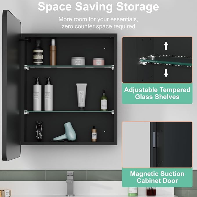 20x28 Inch Medicine Cabinet with Mirror, Recessed or Surface Mount Bathroom Medicine Cabinet with LED Lights, Anti-Fog, Memory Function, Adjustable Shelf, Dimmable Light, ETL Listed, Black,Left Hinge