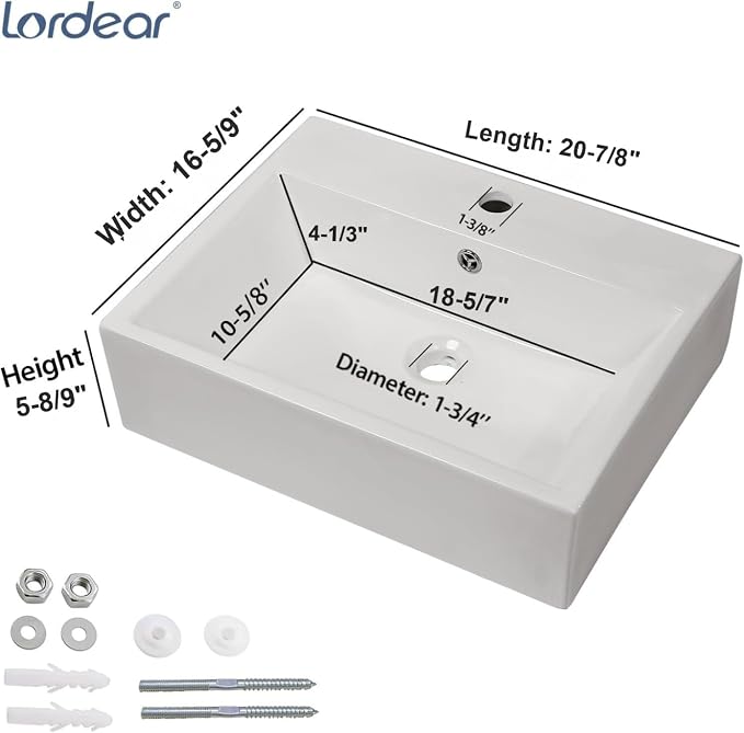 Lordear Floating Bathroom Sink Wall Mounted 21"x16" Bathroom Vessel Sinks Free Standing Wall Hung Sink Rectangle White Porcelain Ceramic Vessel Art Basin