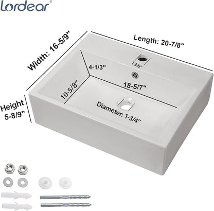 Lordear Floating Bathroom Sink Wall Mounted 21"x16" Bathroom Vessel Sinks Free Standing Wall Hung Sink Rectangle White Porcelain Ceramic Vessel Art Basin