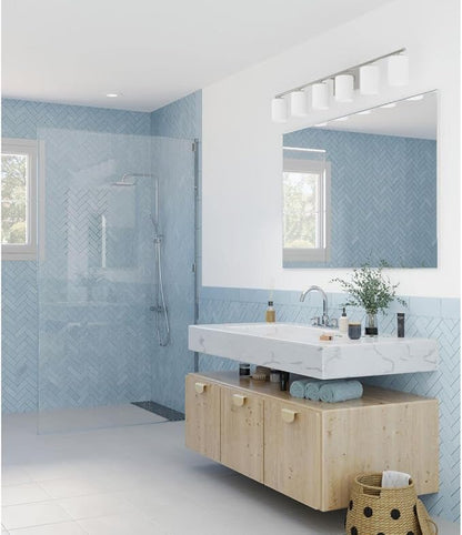 Progress Lighting Replay Collection 6 Light Bathroom Vanity Light, Modern Bath Lighting Fixture with Etched White Glass Shades for Over The Mirror, Reversible Mounting, Polished Nickel
