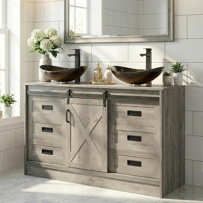 48" Barn Door Bathroom Vanity with 6 Drawers, Farmhouse Style Standing Pedestal Cabinet Without Sink