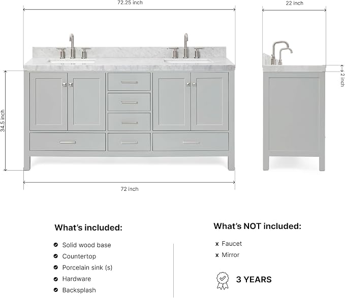 ARIEL Cambridge 72-inch Bathroom Vanity with Sink,Solid Wood, 2-inch Italian Carrara Marble Countertop, Double Rectangular Porcelain Sink, 4 Soft Closing Doors, 6 Dovetail Drawers, Grey