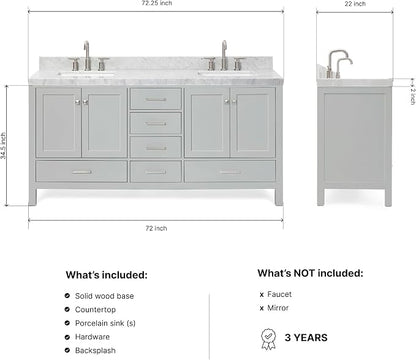 ARIEL Cambridge 72-inch Bathroom Vanity with Sink,Solid Wood, 2-inch Italian Carrara Marble Countertop, Double Rectangular Porcelain Sink, 4 Soft Closing Doors, 6 Dovetail Drawers, Grey