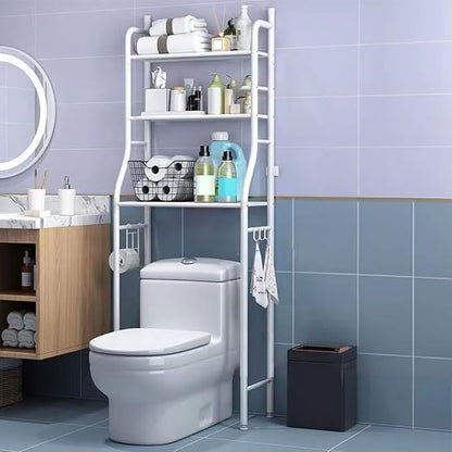3-Tier Over The Toilet Storage, Over Toilet Bathroom Organizer, Freestanding Metal Bathroom Shelves, Over The Toilet Organizer with Hooks and Paper Holder, Space-Saving, White