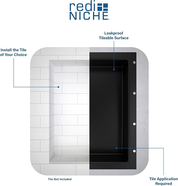 Tile Redi USA RN1620S-BI Redi Niche Single Recessed Shower Shelf, One Inner Shelf, 20" H x 16" W, Black