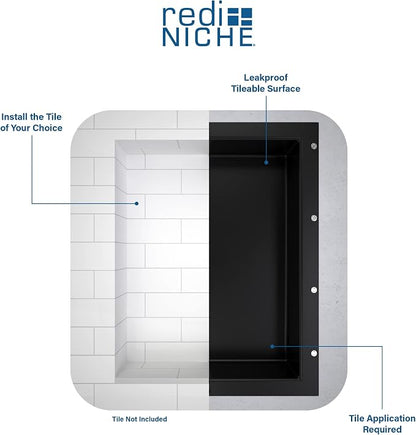 Tile Redi USA RN1620S-BI Redi Niche Single Recessed Shower Shelf, One Inner Shelf, 20" H x 16" W, Black