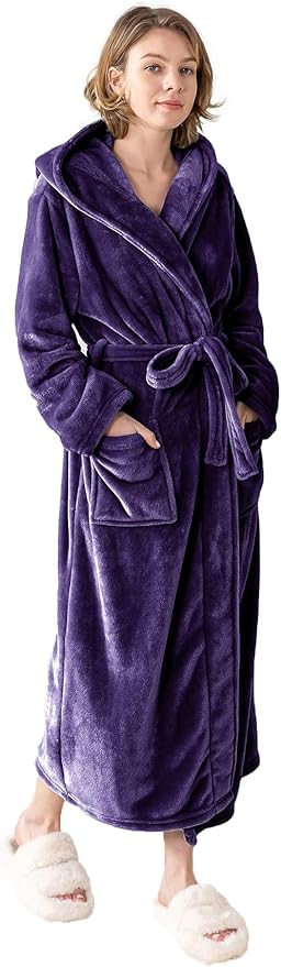 Robes for Women - Hooded Plush Fleece Bathrobe with Sash & Pockets, Full-Length Lightweight Spa Robe