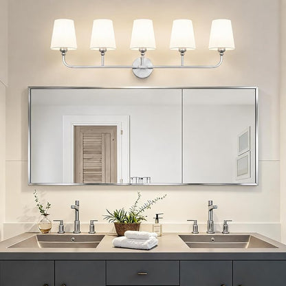 Bathroom Vanity Light Brushed Nickel Bathroom Lighting Fixtures Over Mirror | 5-Light Bathroom Light Fixtures with Flared White Fabric Shade, E26 Socket (ETL Listed)