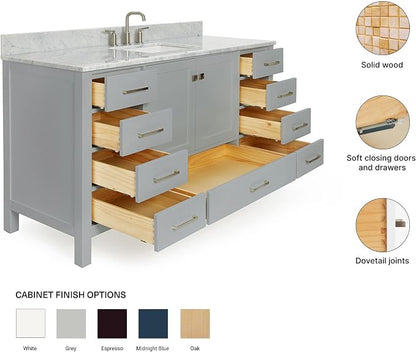 ARIEL Cambridge 60-inch Bathroom Vanity with Sink,Solid Wood, 0.75-inch Italian Carrara Marble Countertop, Single Rectangular Porcelain Sink, 2 Soft Closing Doors, 9 Dovetail Drawers, Grey