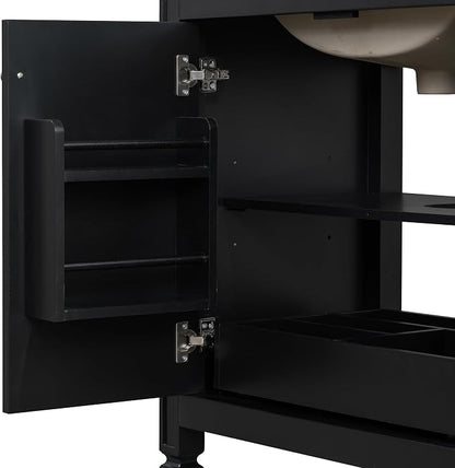 Christopher Knight Home Benton 30" Bathroom Vanity with Ceramic Sink, Rubberwood Frame, Adjustable Shelves, Soft Close Door Hinges, Storage Cabinet with 2-Tier Door Organizer, 1 Drawer, Black